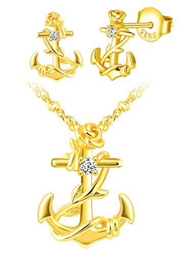 INFINIONLY Halskette Ketten und Ohrringe für Damen und Mädchen, 925 Silber Anker Schmuck-Sets, Anker Halskette anhänger, Anker ohrringe ohrstecker, Anker verflochten mit Rosen, zirkon, Gold von INFINIONLY