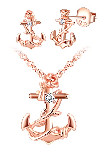 INFINIONLY Halskette Ketten und Ohrringe für Damen und Mädchen, 925 Silber Anker Schmuck-Sets, Anker Halskette anhänger, Anker ohrringe ohrstecker, Anker verflochten mit Rosen, zirkon, Rose gold von INFINIONLY