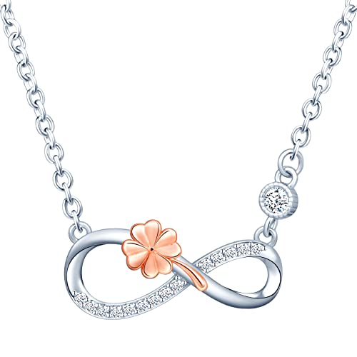 INFINIONLY Halskette für Damen und Mädchen, 925 Silber Halskette, Silber Unendlichkeitssymbol Anhänger passt zum rose gold Vierblättriges Kleeblatt, Eingelegt Zirkon, Farbgalvanischer Prozess von INFINIONLY