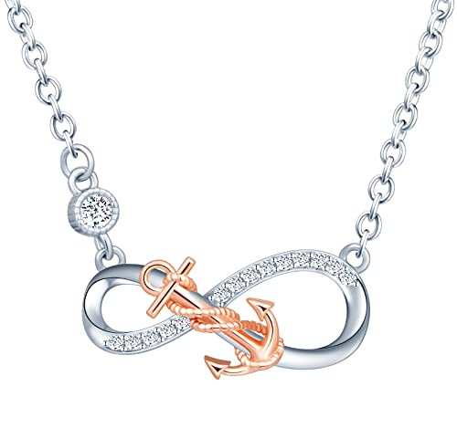 INFINIONLY Halskette für Damen und Mädchen, 925 Sterling silber Halskette, Silber Unendlichkeitssymbol Anhänger mit rose gold Anker, Eingelegt Zirkon, Farbgalvanischer Prozess, Stilvoll und elegant von INFINIONLY