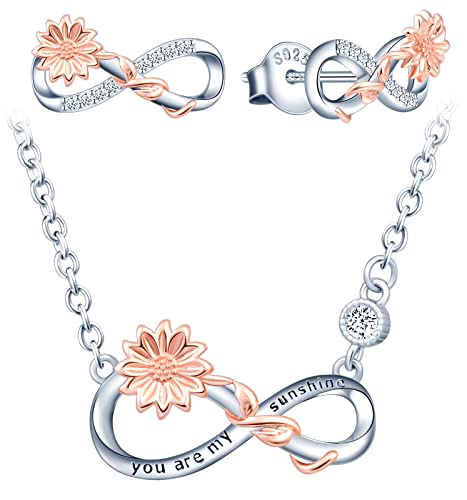 INFINIONLY Halskette und Ohrringe für Damen und Mädchen, 925 Silber Schmuck-Sets, Silber Unendlichkeitssymbol passt zum rose gold Sonnenblume, Eingelegt Zirkon, Farbgalvanischer Prozess, Elegant von INFINIONLY