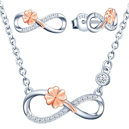 INFINIONLY Halskette und Ohrringe für Damen und Mädchen, 925 Silber Schmuck-Sets, Silber Unendlichkeitssymbol passt zum rose gold Vierblättriges Kleeblatt, Eingelegt Zirkon, Farbgalvanischer Prozess von INFINIONLY