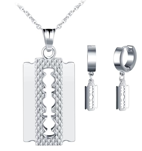 INFINIONLY Herren Damen Edelstahl Halsketten und Ohrringe Schmuck-Sets Creative Ketten mit Klingen Anhänger Mode Klingen Creolen Ohrhänger für Jungen Mädchen, Silber von INFINIONLY