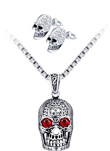 INFINIONLY Herren Damen Edelstahl Halsketten und Ohrringe Schmuck-Sets Creative Totenkopf Ketten Anhänger Mode Totenkopf Ohrstecker Ohrhänger mit Strasssteinen für Jungen Silber von INFINIONLY