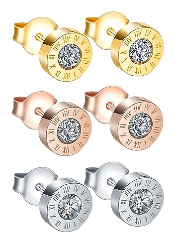 INFINIONLY Herren Damen Edelstahl Ohrringe Römische Ziffern Runde Zirkon Ohrstecker Mode Kreative Edelstahl Ohrstecker, 3 Paar von INFINIONLY