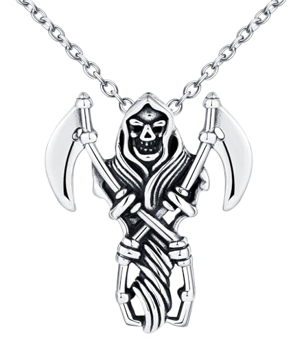 INFINIONLY Herren Death Scythe Ketten Halskette aus Edelstahl Kreative Sensenmann Anhänger mit 55cm Kette Trend Amulett Halskette Hip Hop Halloween Schmuck Dekoration für Jugendliche von INFINIONLY