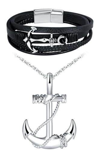 INFINIONLY Herren Edelstahl Anker Halsketten und Armbänder Schmuck-Sets Creative Ketten mit Anker Anhänger Mode Mehrlagiges Geflochtenes Leder Armband mit Anker und Edelstahl Schließe von INFINIONLY