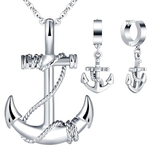 INFINIONLY Herren & Damen Anker Schmuck-Set Vintage Ketten mit Anker Anhänger & Creolen Ohrhänger, Silber von INFINIONLY