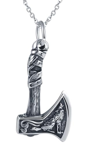 INFINIONLY Herren Edelstahl Axt Halsketten Creative Axtkopf Ketten Anhänger mit Wolf Muster für Jungen Silber von INFINIONLY
