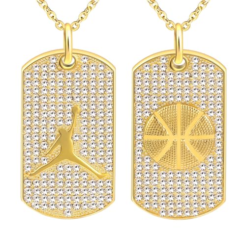 INFINIONLY Herren Edelstahl Gold Dog Tag Halsketten mit Zirkonia Kreativer Athleten-Basketball Medaillen Anhänger Kette für Jungen Jugendlich, 2 Stück Set von INFINIONLY