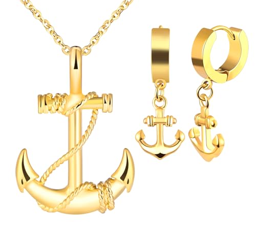 INFINIONLY Herren Edelstahl Halsketten und Ohrringe Schmuck-Sets Vintage Ketten mit Anker Anhänger für Teenager Mode Anker Creolen Ohrstecker für Jungen Damen, Gold von INFINIONLY