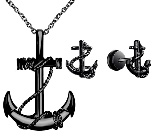 INFINIONLY Herren Edelstahl Halsketten und Ohrringe Schmuck-Sets Vintage Ketten mit Anker Anhänger für Teenager Mode Anker Ohrstecker Ohrhänger für Jungen Damen, Schwarz von INFINIONLY