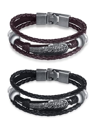 INFINIONLY Herren Mehrschichtiges Geflochtenes Leder Armband Fashion Edelstahl Engelsflügel Armbänder für Jungen mit Edelstahl Magnetschließe 2 Stück Set von INFINIONLY