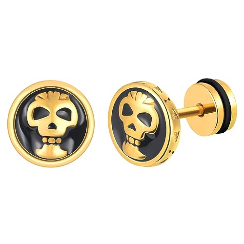 INFINIONLY Herren Edelstahl Ohrringe Damen Runde Totenkopf Ohrstecker Mode Kreative Edelstahl Ohrstecker Halloween Ohrringe, Gold von INFINIONLY