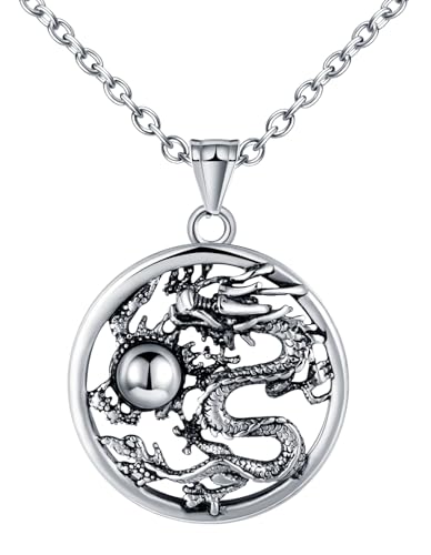 INFINIONLY Herren Edelstahl Runde Medaillon Ketten Fashion Skelett Geschnitzter Drachen Anhänger Kreative Ethnische Stil Mythischen Amulett Halskette Hip Hop Dekoration für Jugendliche von INFINIONLY