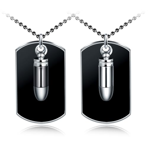 INFINIONLY Herren Edelstahl Schwarz Dog Tag Halsketten Kreativer Bullet Anhänger für Jungen Vintage Medaillen Kette für Jugendlich, 2 Stück Set von INFINIONLY