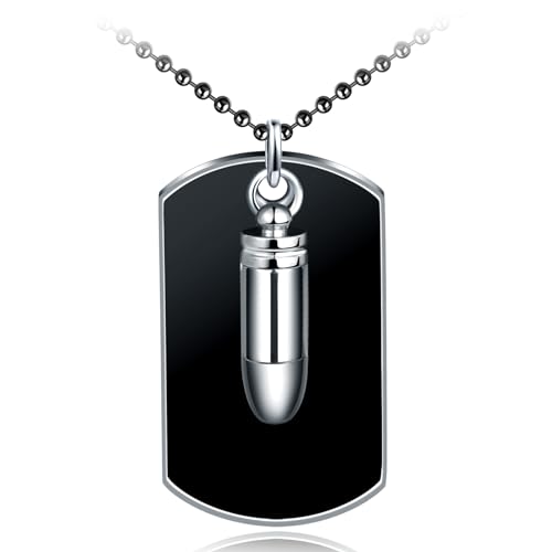 INFINIONLY Herren Edelstahl Schwarz Dog Tag Halsketten Kreativer Bullet Anhänger für Jungen Vintage Medaillen Kette für Jugendlich von INFINIONLY