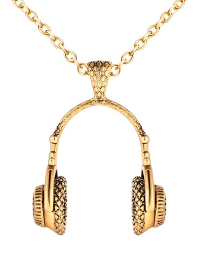 INFINIONLY Herren Gold Kopfhörer Halskette aus Edelstahl Fashion Hip Hop Musik Kopfhörer Ketten Trendy Musik Audiophile Anhänger mit 55cm Kette Dekoration für Teenager von INFINIONLY