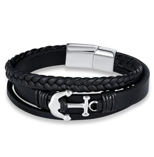 INFINIONLY Herren Mehrschichtiges Geflochtenes Leder Armband Fashion Edelstahl Anker Armbänder für Jungen mit Edelstahl Schnalle von INFINIONLY