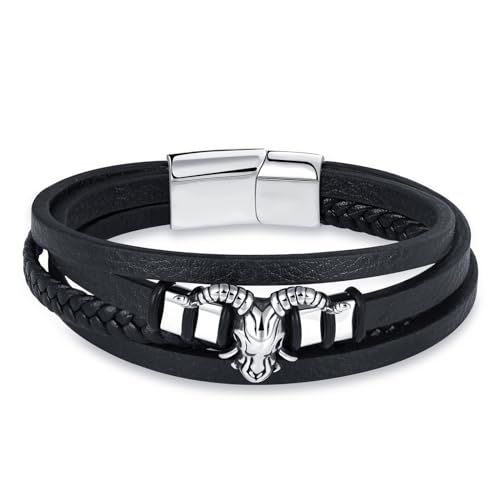 INFINIONLY Herren Mehrschichtiges Geflochtenes Leder Armband Fashion Edelstahl Armbänder mit Kreatives Widderkopf für Jungen mit Edelstahl Schnalle von INFINIONLY