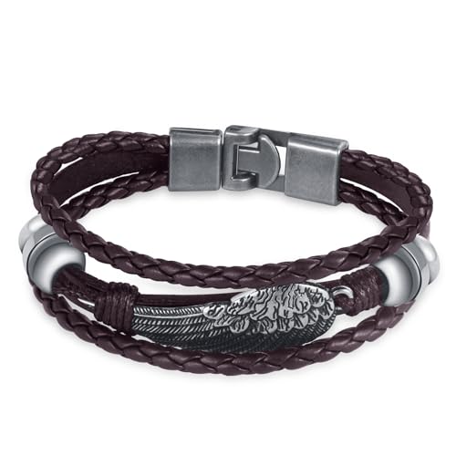 INFINIONLY Herren Mehrschichtiges Geflochtenes Leder Armband Fashion Edelstahl Engelsflügel Armbänder für Jungen mit Edelstahl Magnetschließe Braun von INFINIONLY