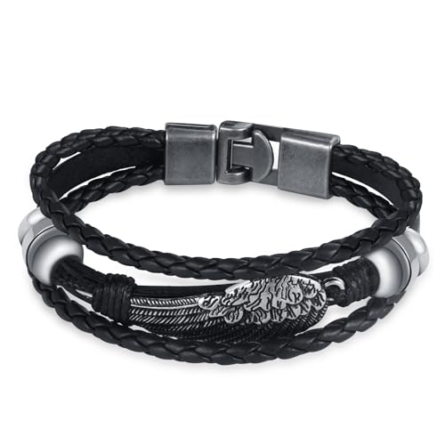 INFINIONLY Herren Mehrschichtiges Geflochtenes Leder Armband Fashion Edelstahl Engelsflügel Armbänder für Jungen mit Edelstahl Magnetschließe Schwarz von INFINIONLY