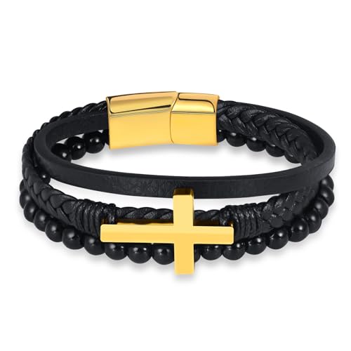 INFINIONLY Herren Mehrschichtiges Geflochtenes Leder Armband Fashion Edelstahl Gold Kreuz Armbänder Perlenarmband für Jungen mit Edelstahl Schnalle von INFINIONLY