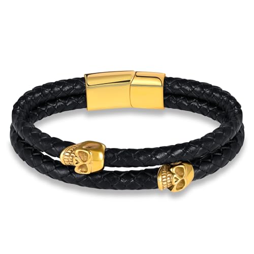 INFINIONLY Herren Mehrschichtiges Geflochtenes Leder Armband Fashion Edelstahl Gold Totenkopf Armbänder für Jungen mit Edelstahl Schnalle von INFINIONLY