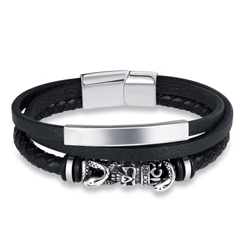 INFINIONLY Herren Mehrschichtiges Geflochtenes Leder Armband Fashion Edelstahl Schlangen-Totenkopf Armbänder für Jungen mit Edelstahl Schnalle von INFINIONLY