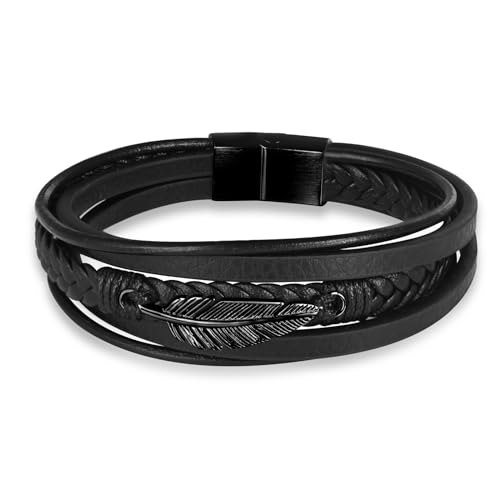 INFINIONLY Herren Mehrschichtiges Geflochtenes Leder Armband Fashion Edelstahl Schwarz Feder Armbänder für Jungen mit Edelstahl Magnetschließe von INFINIONLY