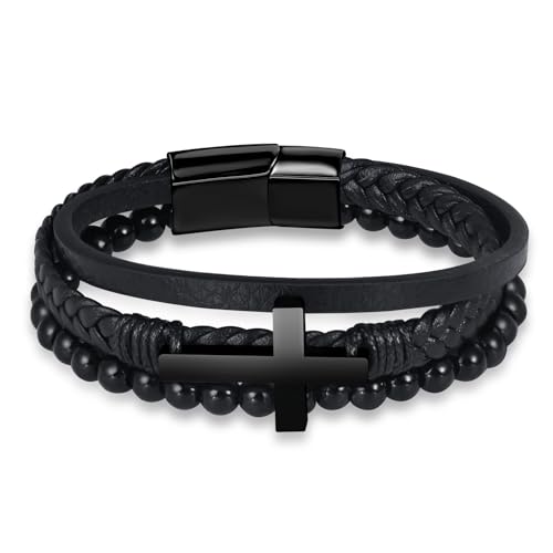 INFINIONLY Herren Mehrschichtiges Geflochtenes Leder Armband Fashion Edelstahl Schwarz Kreuz Armbänder Perlenarmband für Jungen mit Edelstahl Schnalle von INFINIONLY