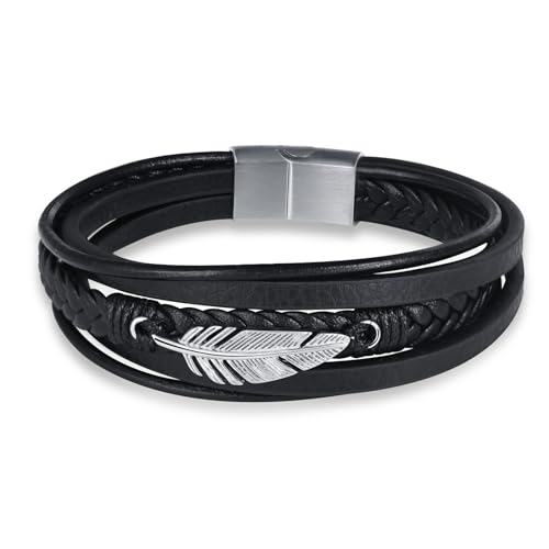 INFINIONLY Herren Mehrschichtiges Geflochtenes Leder Armband Fashion Edelstahl Silber Feder Armbänder für Jungen mit Edelstahl Magnetschließe von INFINIONLY