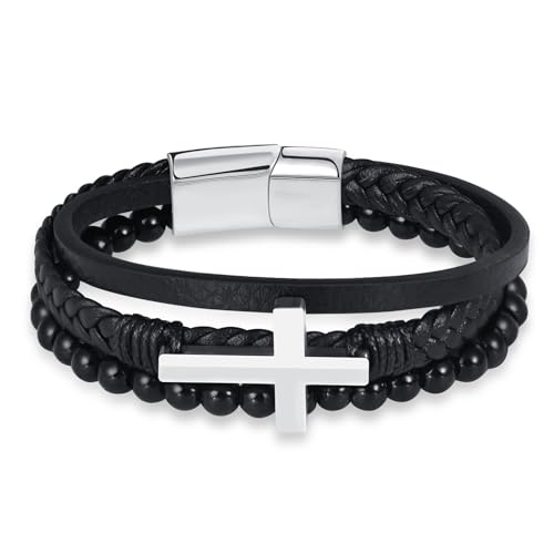 INFINIONLY Herren Mehrschichtiges Geflochtenes Leder Armband Fashion Edelstahl Silber Kreuz Armbänder Perlenarmband für Jungen mit Edelstahl Schnalle von INFINIONLY