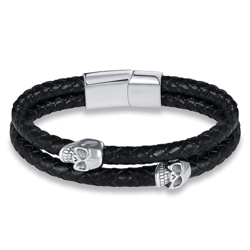 INFINIONLY Herren Mehrschichtiges Geflochtenes Leder Armband Fashion Edelstahl Silber Totenkopf Armbänder für Jungen mit Edelstahl Schnalle von INFINIONLY