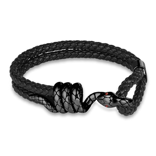 INFINIONLY Herren Mehrschichtiges Geflochtenes Leder Armband Fashion Edelstahl Snake Armbänder für Jungen mit Edelstahl Schwarz Schlangen Haken Schnalle von INFINIONLY