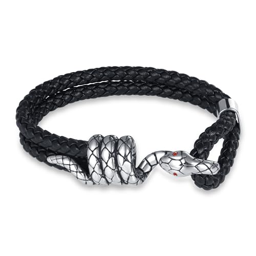 INFINIONLY Herren Mehrschichtiges Geflochtenes Leder Armband Fashion Edelstahl Snake Armbänder für Jungen mit Edelstahl Silber Schlangen Haken Schnalle von INFINIONLY