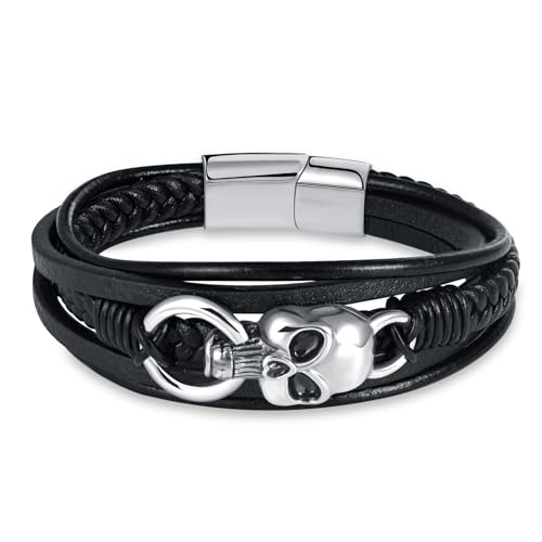 INFINIONLY Herren Mehrschichtiges Geflochtenes Leder Armband Fashion Edelstahl Totenkopf Armbänder für Jungen mit Edelstahl Schnalle von INFINIONLY