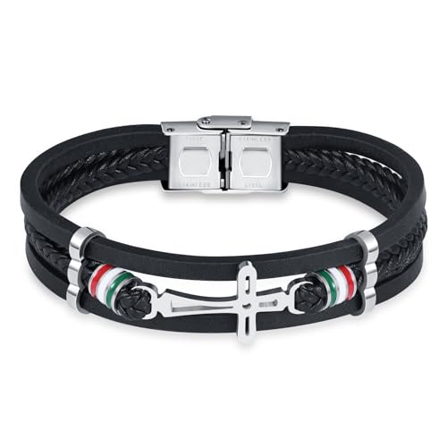 INFINIONLY Herren Mehrschichtiges Geflochtenes Leder Armband Klassisches Kreuz Edelstahl Armbänder für Jungen mit Edelstahl Schnalle von INFINIONLY