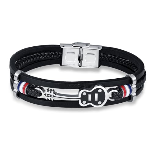 INFINIONLY Herren Mehrschichtiges Geflochtenes Leder Armband Kreative Edelstahl Armbänder mit Gitarre für Jungen mit Edelstahl Schnalle von INFINIONLY