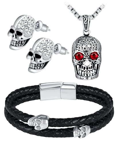 INFINIONLY Herren Schmuck-Sets Edelstahl Halsketten Armbänder Ohrringe Mode Skelett Ketten mit Anhänger Mehrlagiges Geflochtenes Leder Armband mit Totenkopf Totenkopf Ohrstecker mit Strasssteinen von INFINIONLY