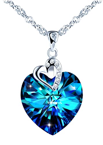 INFINIONLY Herz Halskette Ketten für Damen und Mädchen, 925 silber Halskette, "Herz des Ozeans" Herz Kristall Halskette Anhänger, Meerblau kristall Anhänger, 45cm Kette, eingelegter zirkon von INFINIONLY