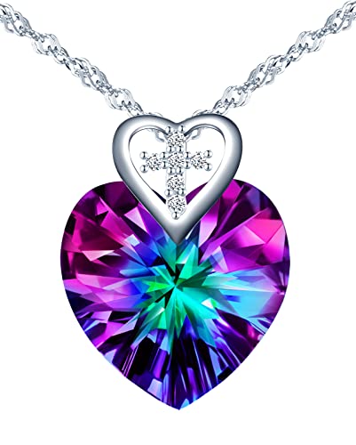 INFINIONLY Herz des Ozeans Halskette Anhänger für Damen und Mädchen, 925 Silber Ketten, Kristall Herz Halskette, Farbverlauf Kristall Anhänger, mit mini Kreuz, 45cm Kette, eingelegter zirkon von INFINIONLY