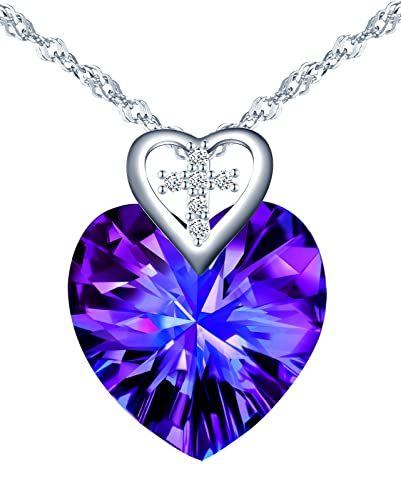 INFINIONLY Herz des Ozeans Halskette Anhänger für Damen und Mädchen, 925 Silber Ketten, Lila Kristall Herz Halskette, Farbverlauf Kristall Anhänger, mit mini Kreuz, 45cm Kette, eingelegter zirkon von INFINIONLY
