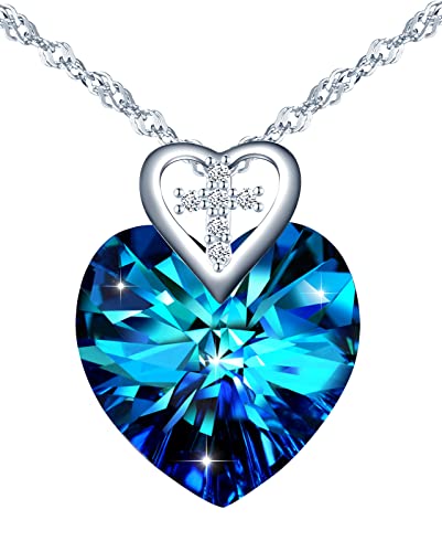 INFINIONLY Herz des Ozeans Halskette Anhänger für Damen und Mädchen, 925 Silber Ketten, Meerblau Kristall Herz Halskette, Farbverlauf Kristall Anhänger, mit mini Kreuz, 45cm Kette, eingelegter zirkon von INFINIONLY