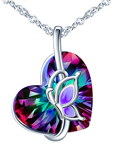 INFINIONLY Herz des Ozeans Kristall Halskette für Damen und Mädchen, 925 Silber Ketten, Farbverlauf Kristall Herz Halskette Anhänger, Schmetterling eingelegt, glänzend und elegant, 45cm Kette von INFINIONLY