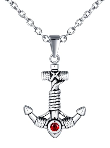 INFINIONLY Kreative Herren Edelstahl Anker Ketten Vintage Halskette Anhänger Anker mit Rotem Zirkonia mit 55cm Kette Fashion Jugendliche Dekoration von INFINIONLY