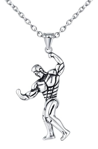 INFINIONLY Kreative Herren Edelstahl Bodybuilder Ketten Fashion Fitness Athleten Halskette mit Anhänger mit 55cm Kette Dekoration für Jugendliche von INFINIONLY