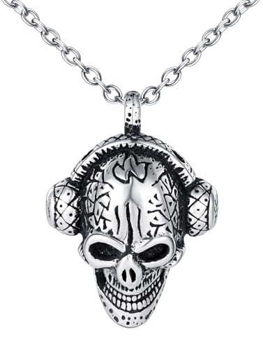 INFINIONLY Kreative Herren Edelstahl Totenkopf Ketten Fashion Schädel-Kopfhörer Halskette mit Anhänger mit 55cm Kette Punk Dekoration für Jugendliche Musik Ghostwriter von INFINIONLY