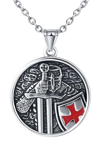 INFINIONLY Kreative Herren Runder Edelstahl Halskette Medaillon Vintage Ritter des Kreuzes Grafische Gravur Ketten mit Anhänger mit 55CM Kette Fashion Jungen Teenager Schmuck 4,5X3,6cm Anhänger von INFINIONLY