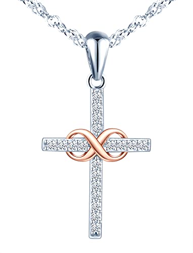 INFINIONLY Kreuz Halskette für Damen und Mädchen, 925 Silber Halskette, Silber Kreuz Anhänger passt zum mini rose gold unendlichkeitssymbol, Eingelegt Zirkon, Farbgalvanischer Prozess von INFINIONLY